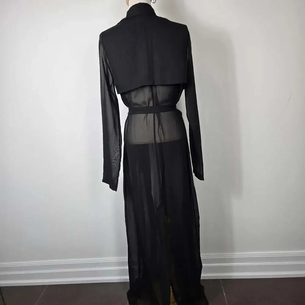 Lux LA Sheer Black Mesh Maxi Duster Robe Tie Waist Y2K Goth M